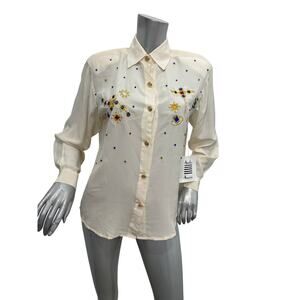 Amelia Austin Cream Silk Button Up Shirt Blouse Jeweled Embellished Size 4